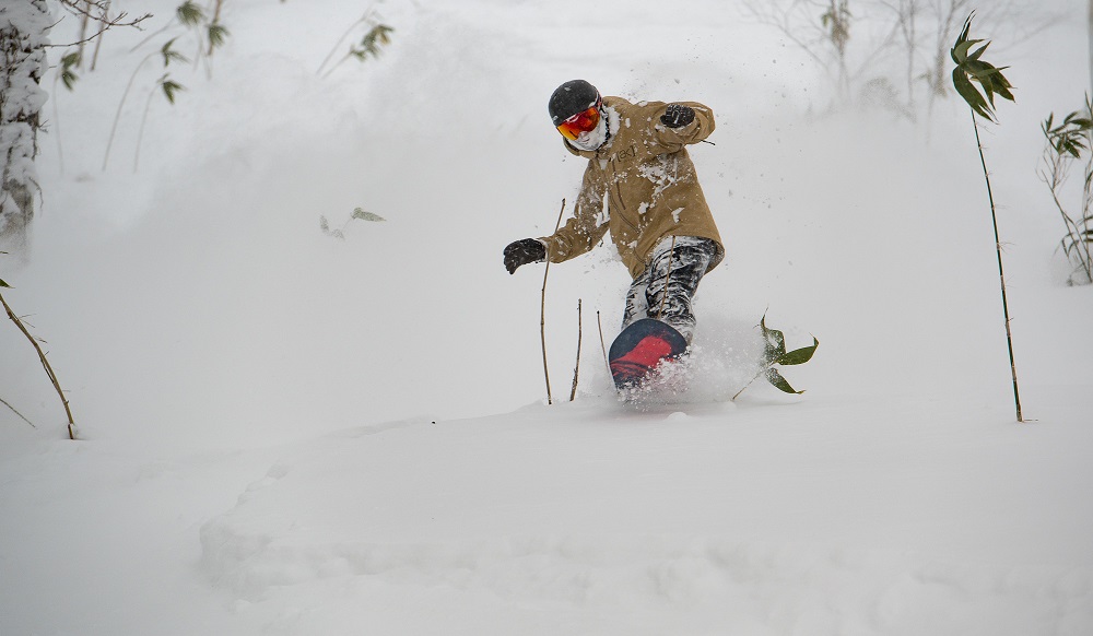 snowboarder in niseko gates powder